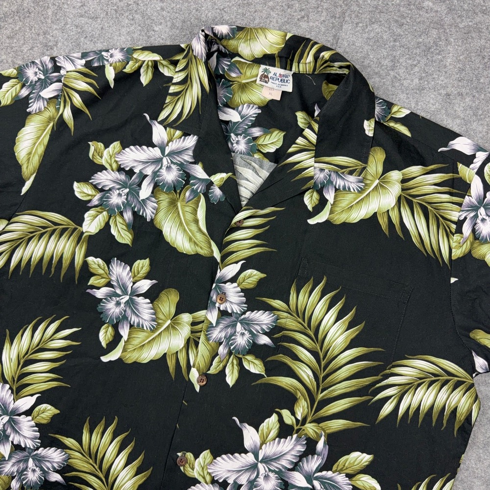 Aloha Republic Hawaiian Shirt XL Black Floral Orchid Palm Leaves Cotton Hawaii